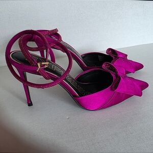 Women's Hot Pink Satin Pointed-Toe Bow Heels With Ankle Strap